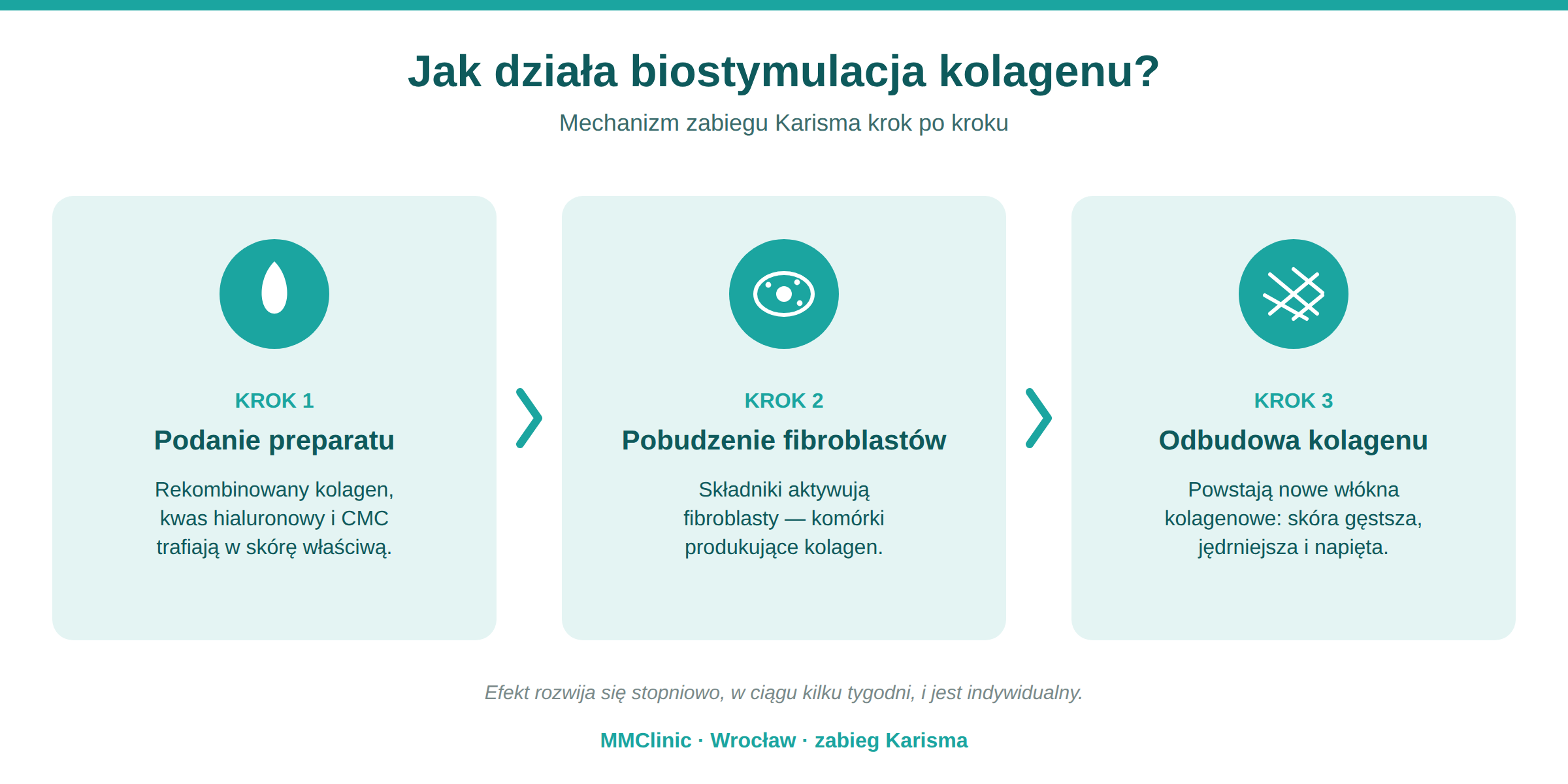 Schemat działania biostymulacji kolagenu w zabiegu Karisma: podanie preparatu, pobudzenie fibroblastów, odbudowa własnego kolagenu — MMClinic Wrocław